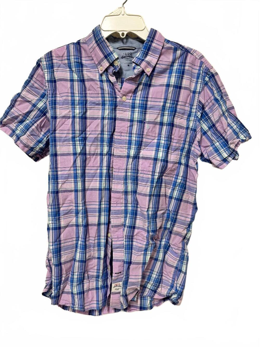 IZOD Saltwater Seaport Poplin Plaid Short Sleeve Shirt Men's M